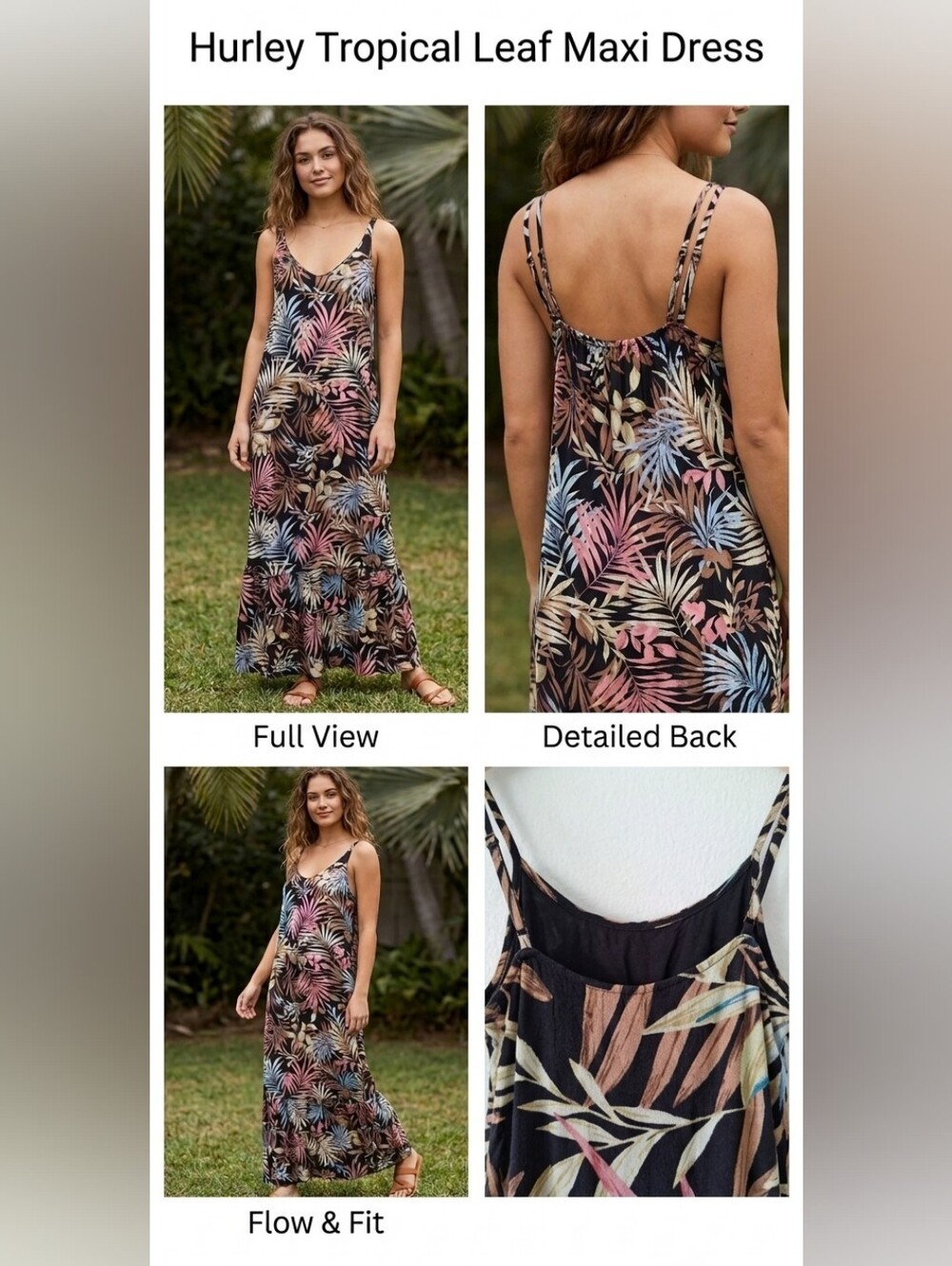 Tropical Leaf Print Maxi Dress - Black with Pink, Blue & Tan Leaves